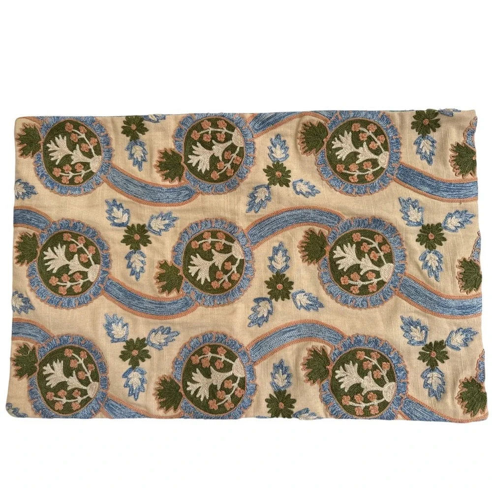Pottery Barn Ikat Embroidered Lumbar Pillow Cover 14x22 Green Beige Floral Boho